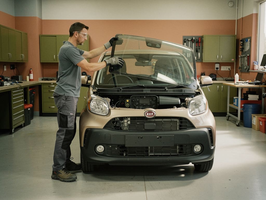 Tecnico sostituisce un parabrezza completo su un'utilitaria in officina